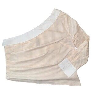 Express One Shoulder Stripe Poplin Shirt Peach White Pleated Long Sleeve NWT XL